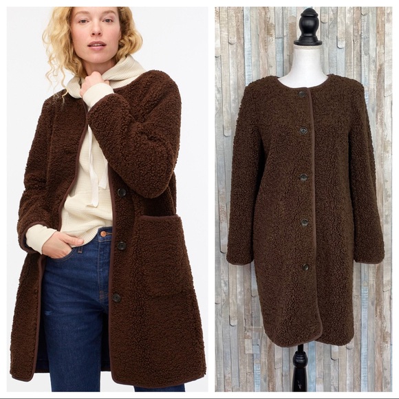 J Crew XS Walnut Brown Shearling Collarless Teddy Sherpa Coat Jacket